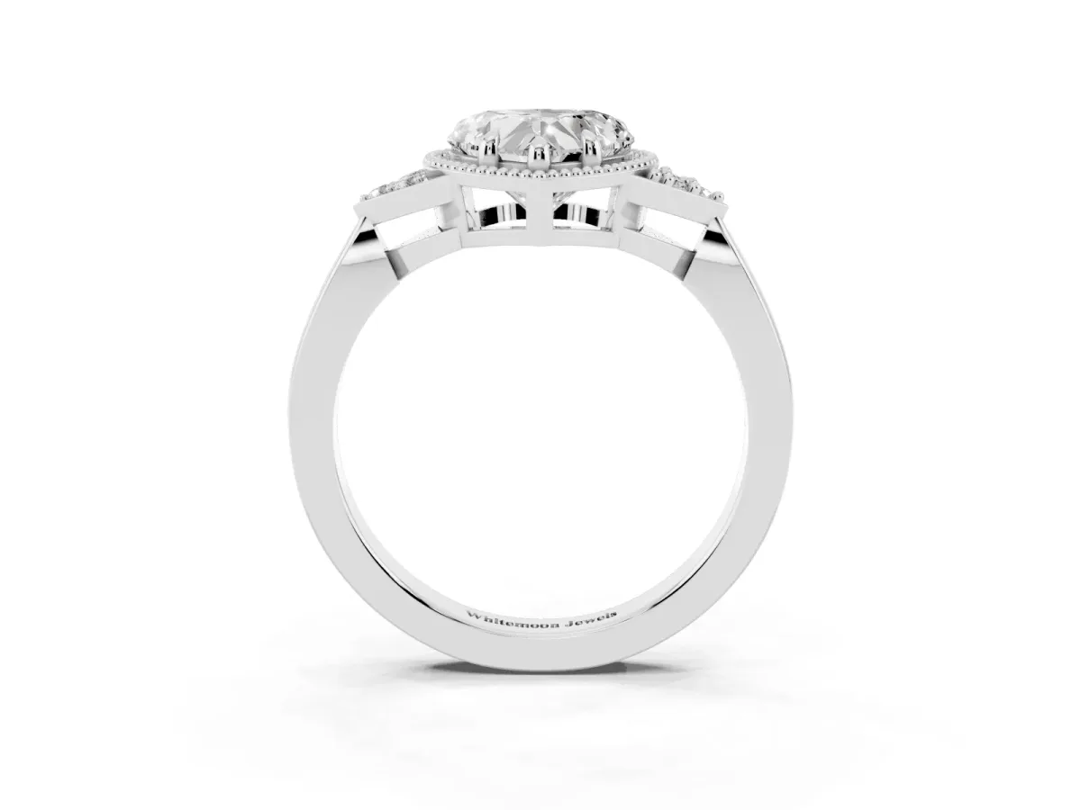 Milgrain Heart Cut Cut Diamond Ring with Tapered Pave Band and Four Prong Setting White gold