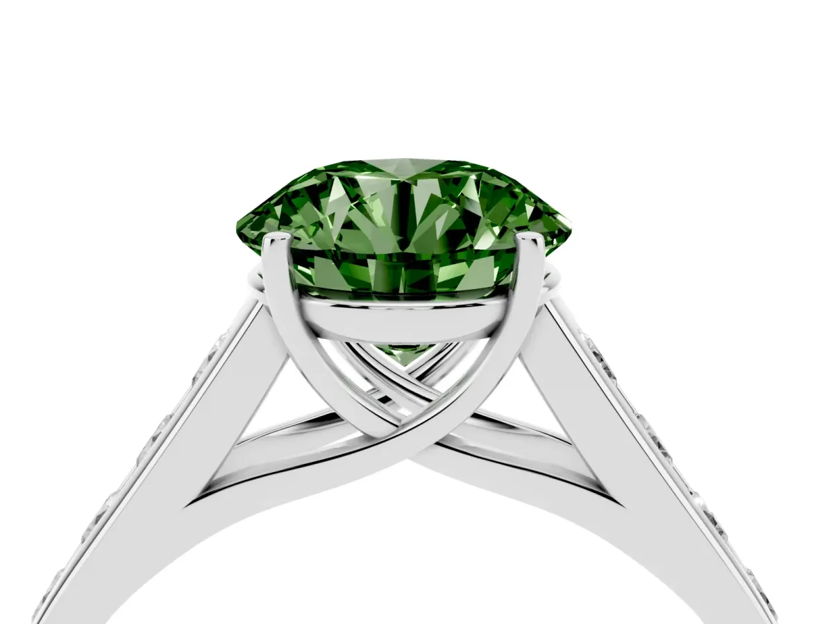Fancy Green Round Cut Brilliant Channel-Set Solitaire Ring with Four-Prong Setting Silver