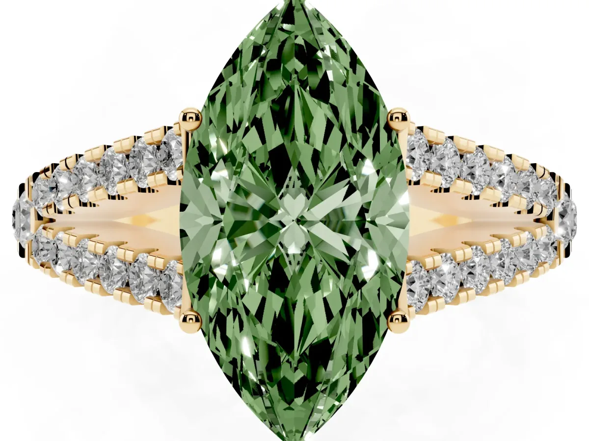 Fancy Green Marquise Cut Diamond Split Shank Engagement Ring with Round Pavé and Prong Setting Yellow gold