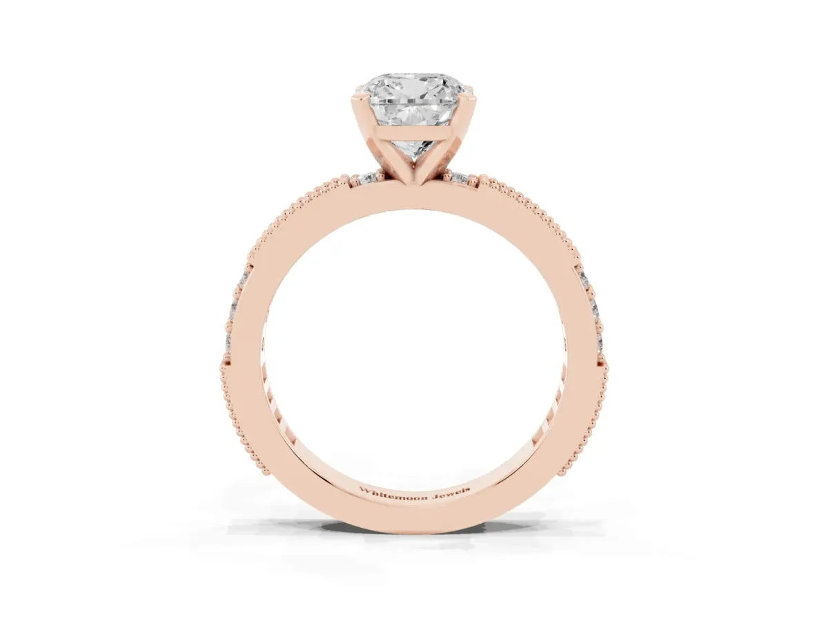 Cushion Cut Solitaire with Pavé Band and Four-Prong Setting Rose gold