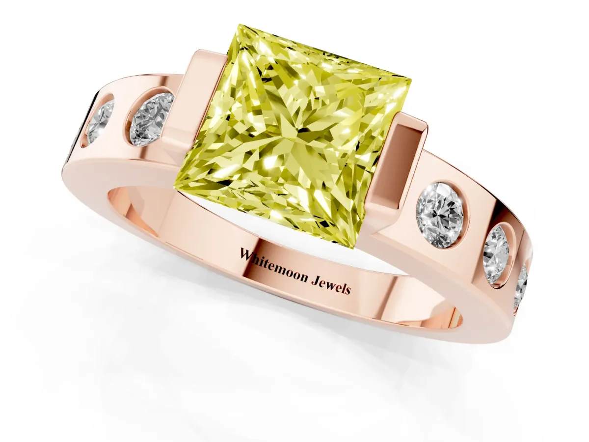 Fancy Yellow Princess Cut Brilliant Channel-Set Diamond Ring with Bezel Prong Setting Rose gold