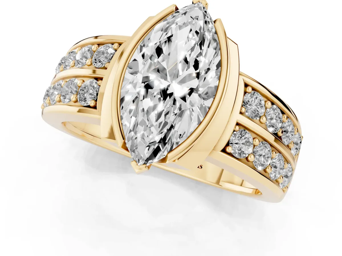 Marquise Cut Brilliant Diamond Channel Set Wide Band Ring with Bezel Setting Yellow gold