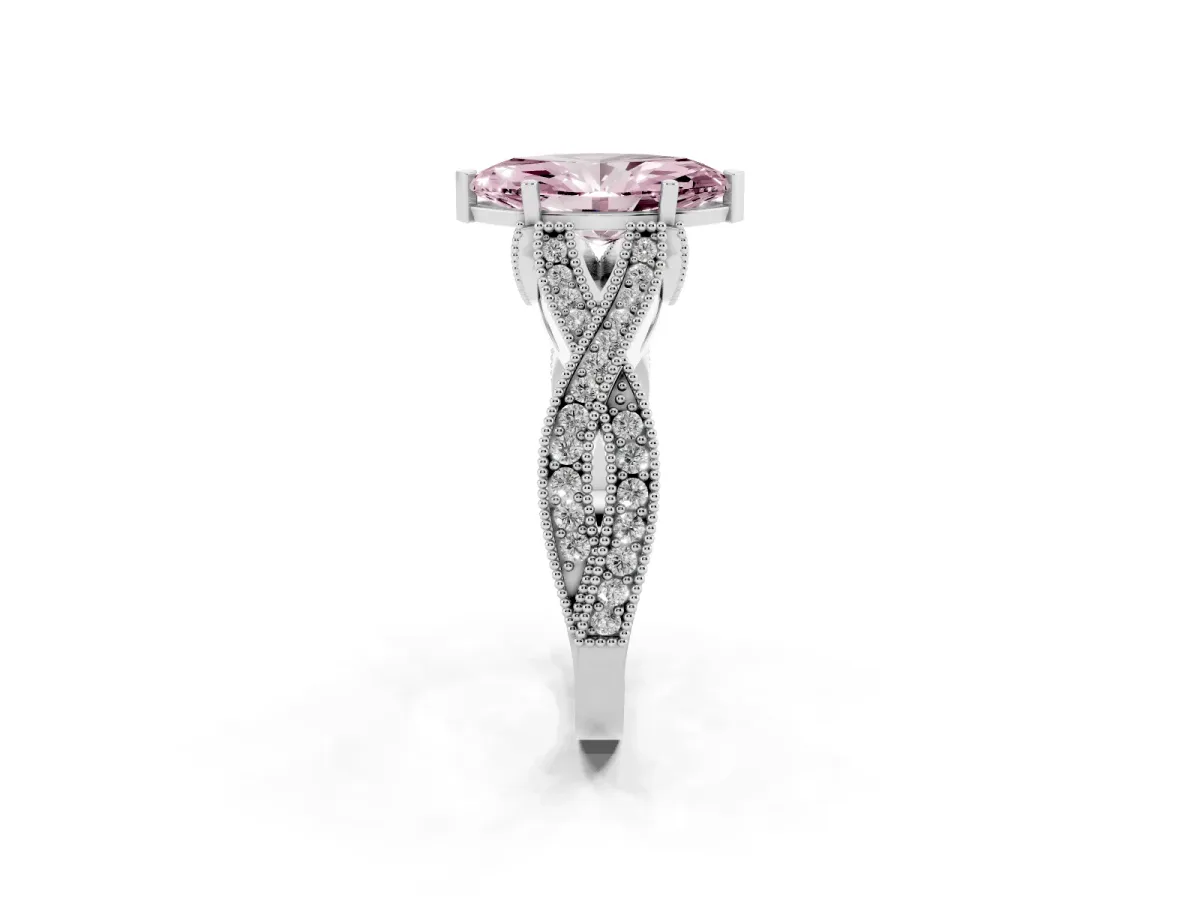 Fancy Pink Marquise Cut Cut Diamond Twisted Band with Milgrain Pave Setting and Four-Prong Setting Silver