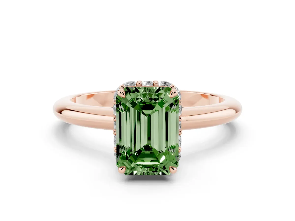 Fancy Green Emerald Cut Brilliant Solitaire Engagement Ring with Six-Prong Setting and Classic Band Rose gold