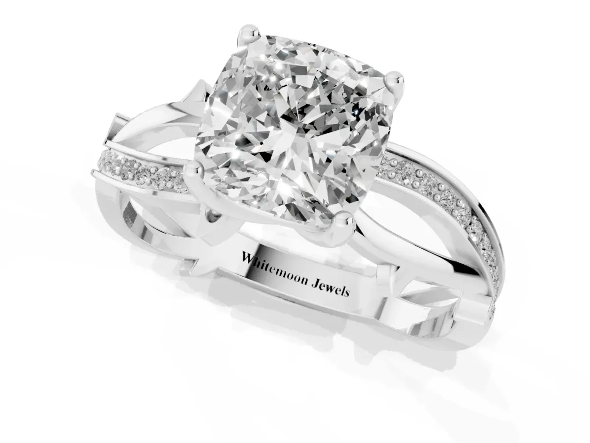 Cushion Cut Solitaire Twist Band with Pavé Accents and Four-Prong Setting White gold