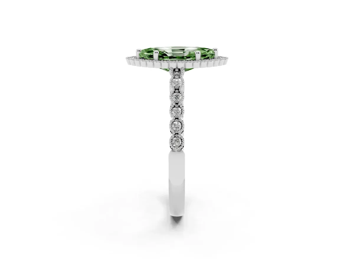 Fancy Green Marquise Cut Cut Halo Pavé Solitaire Ring with Milgrain Band Silver