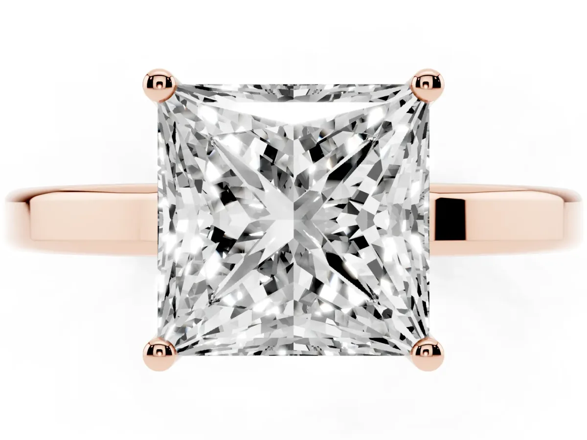 Princess Cut Cut Solitaire Engagement Ring with Four-Prong Setting on a Classic Band Rose gold