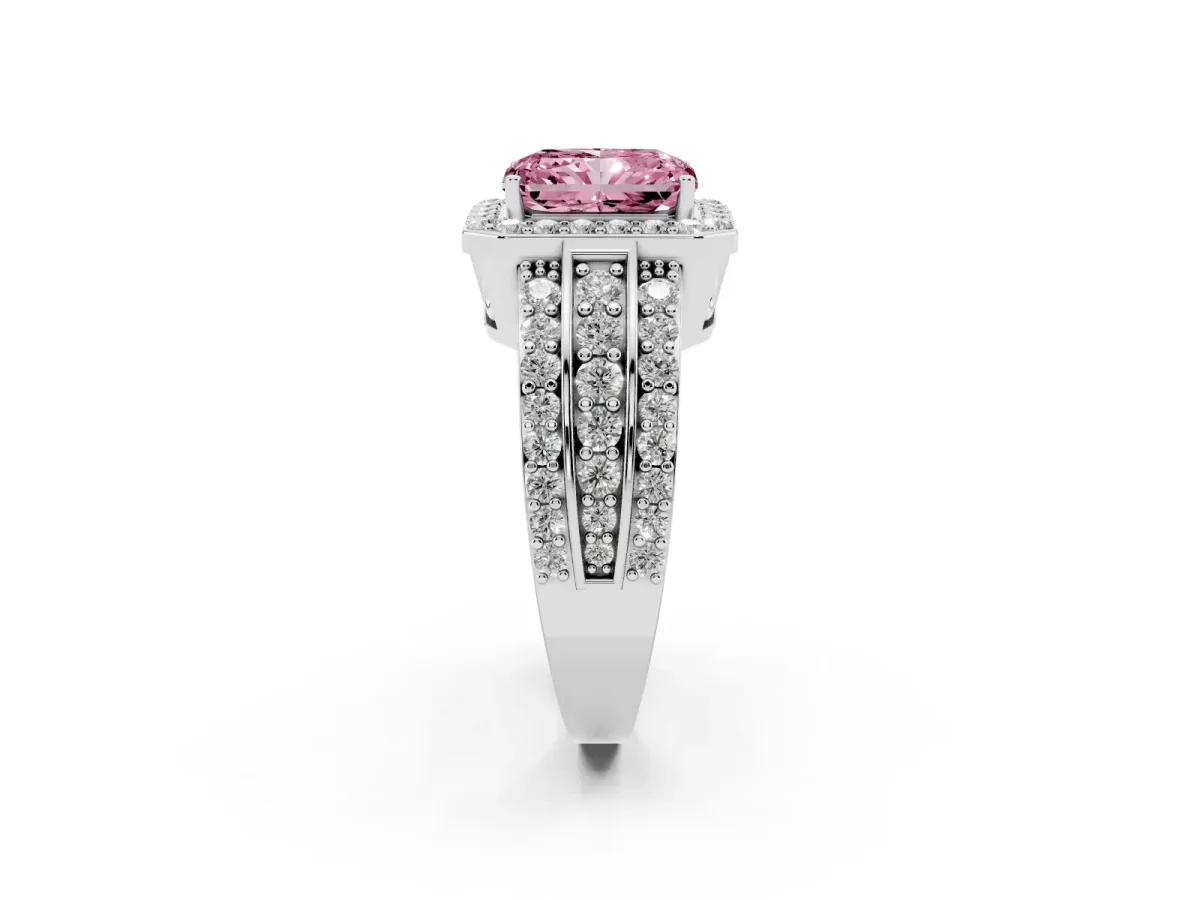 Fancy Pink Radiant Cut Halo Diamond Ring with Round Split Shank and Prong Setting Platinum