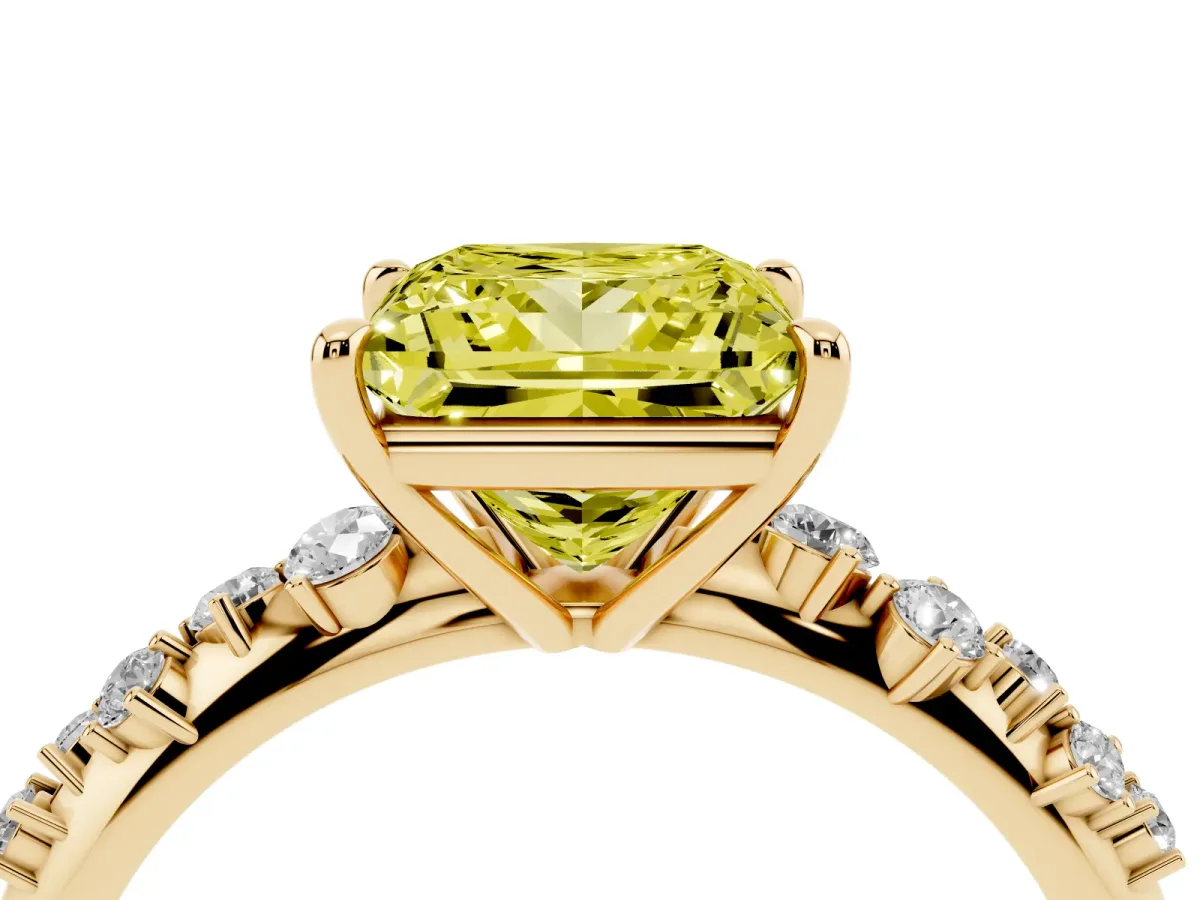 Fancy Yellow Princess Cut Diamond Cluster Side Stone Solitaire Ring with Prong Setting Yellow gold