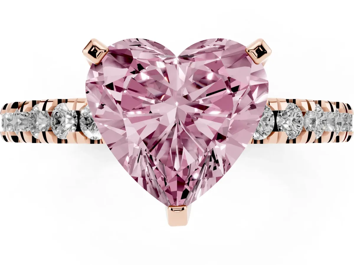 Fancy Pink Heart Cut Solitaire Diamond with Pavé Band and Four-Prong Setting Rose gold
