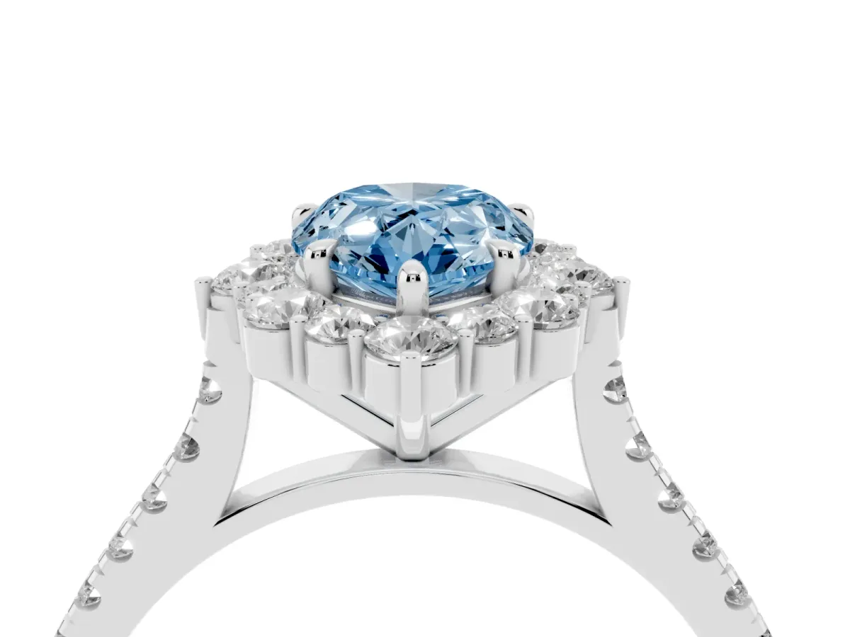 Fancy Blue Pear Cut Halo Diamond Ring with Pavé Band and Prong Setting Silver