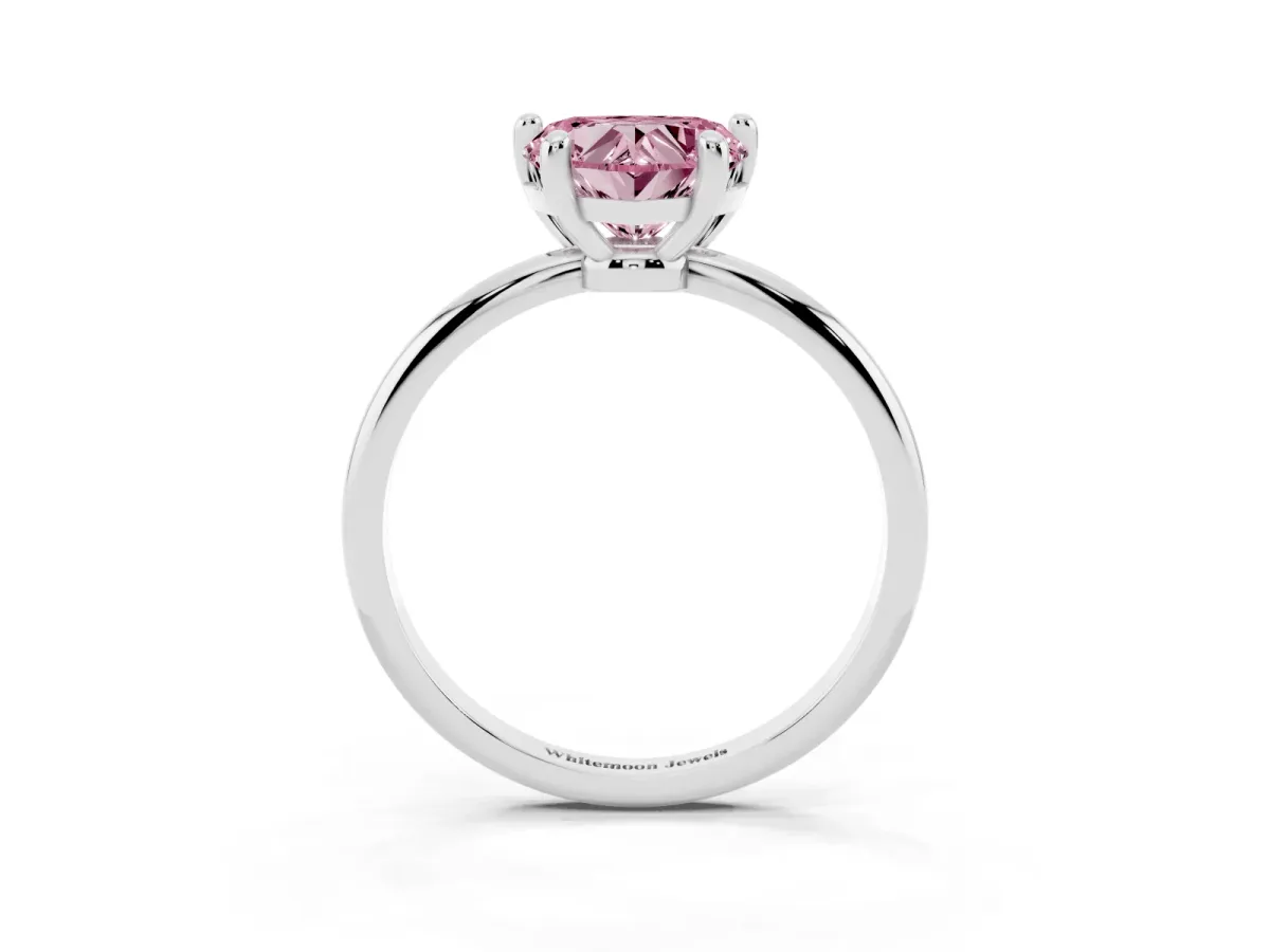 Fancy Pink Heart Cut Solitaire Diamond Ring with 4-Prong Setting on a Classic Band Silver