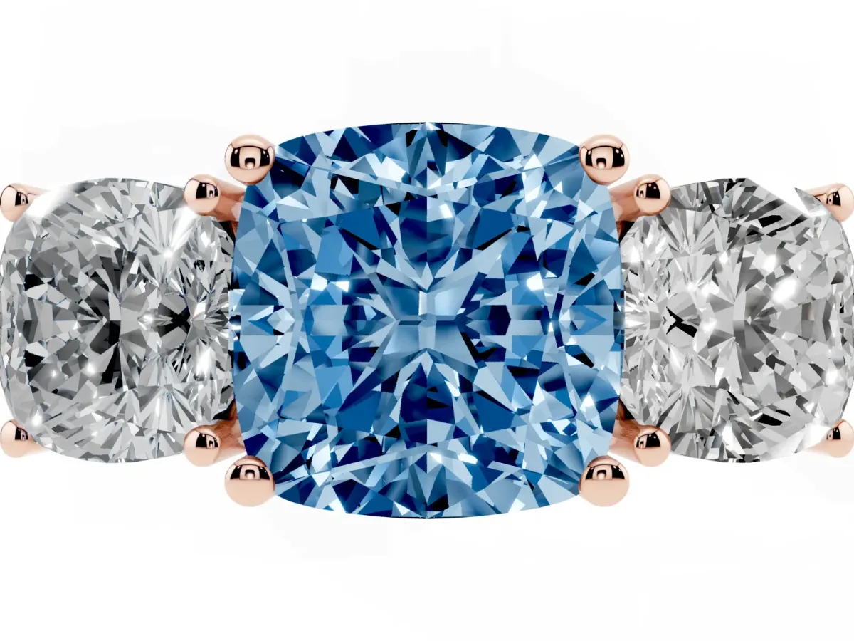 Fancy Blue Three-Stone Cushion Cut Cut Diamond Engagement Ring with Flat Band and Four-Prong Setting Rose gold