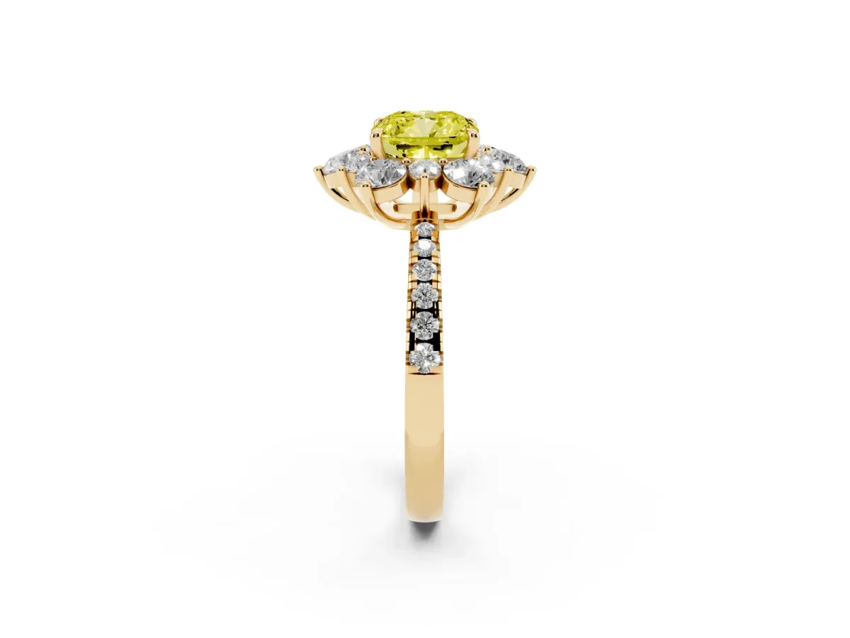 Fancy Yellow Cushion Cut Diamond Floral Halo Ring with Round Pavé Band and Prong Setting Yellow gold
