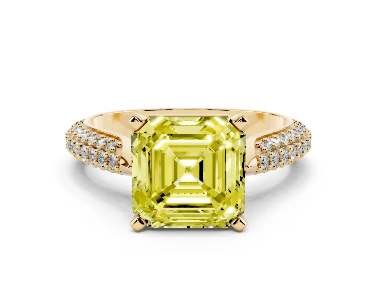 Fancy Yellow Asscher Cut Diamond Solitaire Engagement Ring with Multi-Row Round Pavé Band and Prong Setting Yellow gold