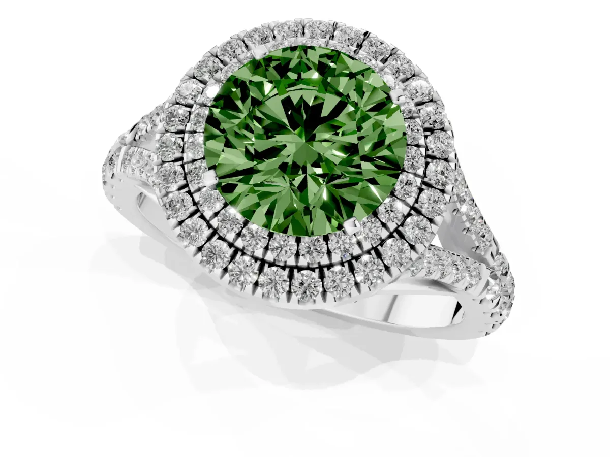 Fancy Green Double Halo Round Cut Diamond Split Shank Engagement Ring with Four-Prong Setting Platinum