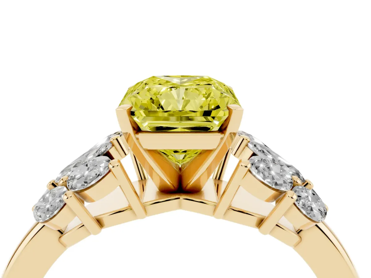 Fancy Yellow Radiant Cut Diamond Cluster Leaf Design Ring with Prong Setting Yellow gold