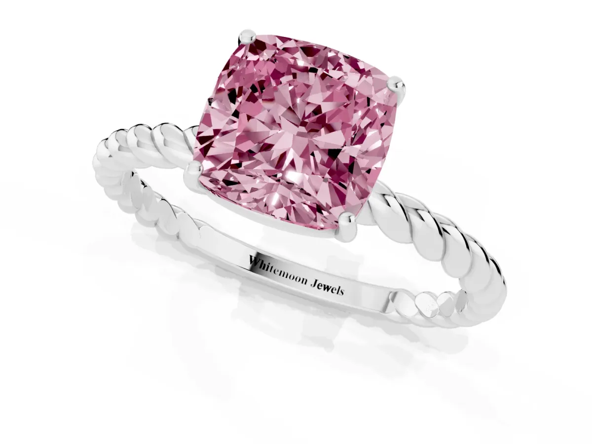 Fancy Pink Cushion Cut Solitaire Twisted Band 4-Prong Ring Platinum