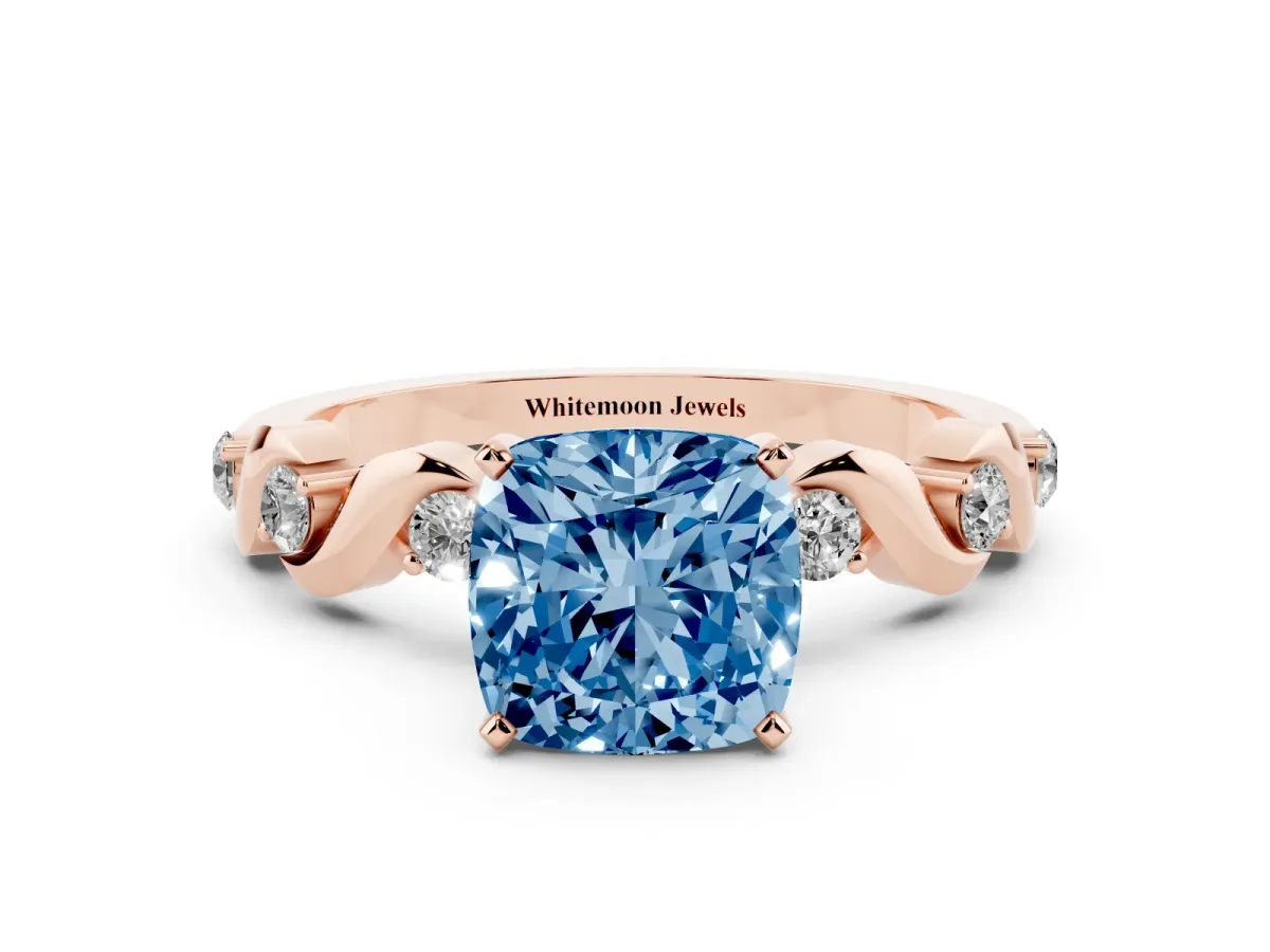Fancy Blue Cushion Cut Diamond Solitaire Twisted Band with Round Accents and Prong Setting Rose gold