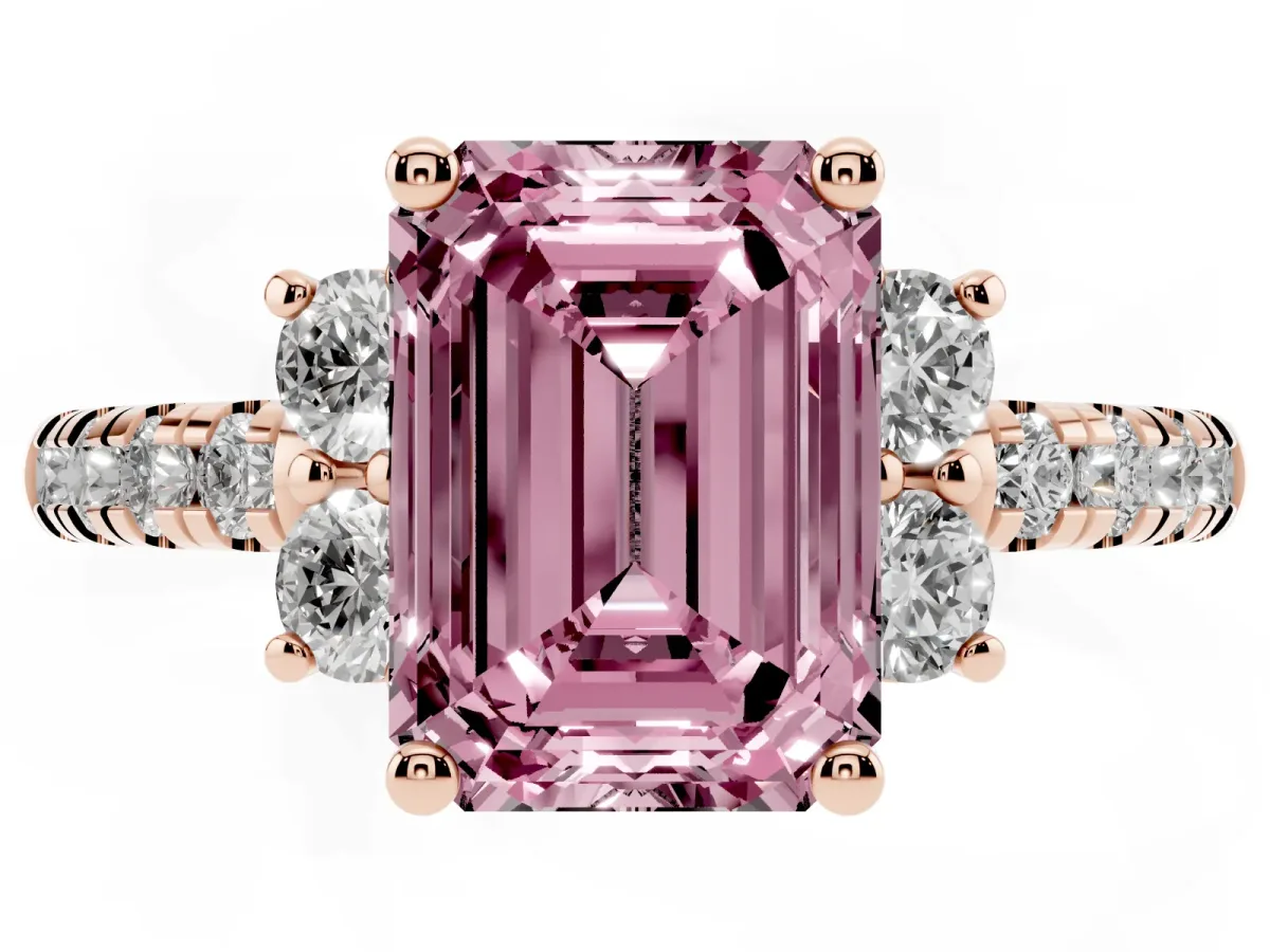 Fancy Pink Emerald Cut Diamond Three-Stone Pave Band with Four-Prong Setting Rose gold