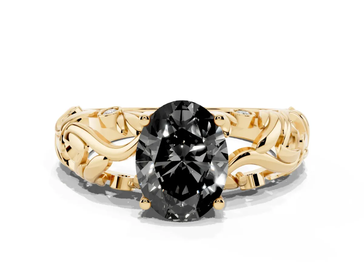 Fancy Black Oval Cut Solitaire Diamond Leaf-Inspired Vine Band Ring with Prong Setting Yellow gold