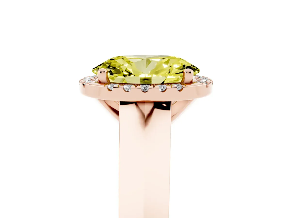 Fancy Yellow Oval Cut Halo Diamond Ring with Cathedral Band and Four-Prong Setting Rose gold