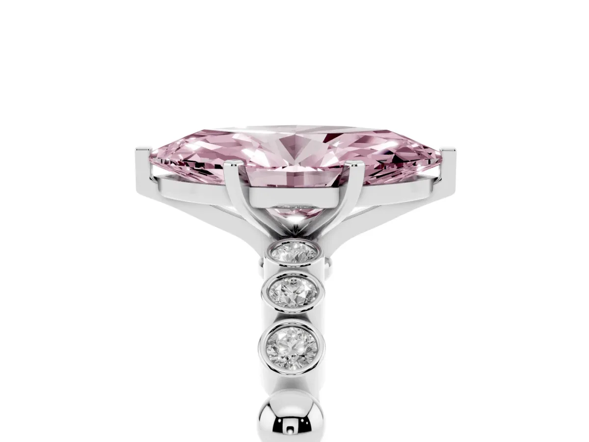 Fancy Pink Marquise Cut Solitaire Bezel Accent Diamond Engagement Ring with Beaded Band and Four-Prong Setting Platinum