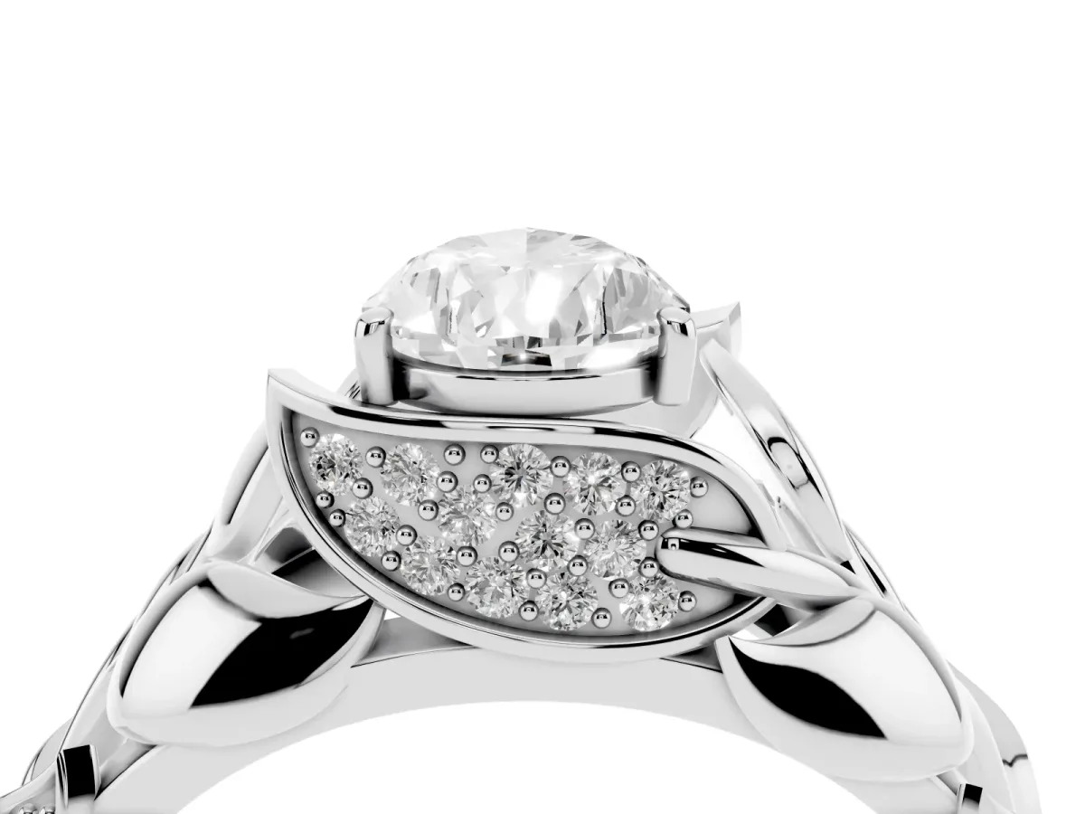 Pear Cut Diamond Leaf-Inspired Engagement Ring with Round Accents and Prong Setting Silver