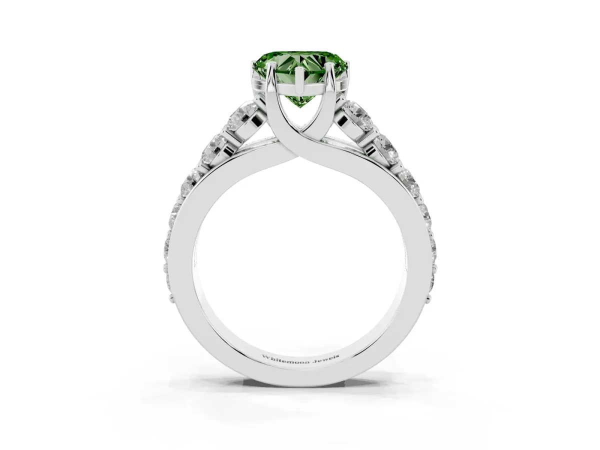 Fancy Green Heart Cut Diamond Engagement Ring with Pavé Band and Four-Prong Setting Silver