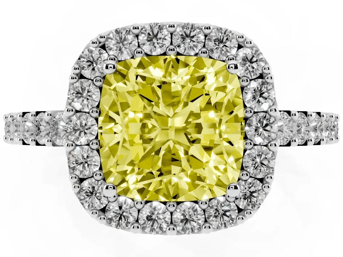 Fancy Yellow Cushion Cut Halo Diamond Pavé Solitaire Ring Platinum