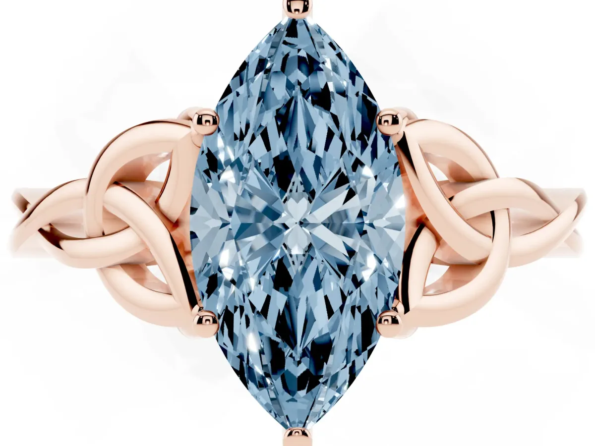 Fancy Blue Marquise Cut Diamond Solitaire Engagement Ring with Celtic Knot Band and Four-Prong Setting Rose gold
