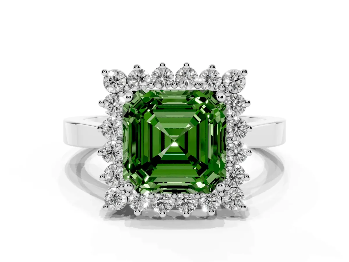 Fancy Green Asscher Cut Cut Diamond Halo Ring with Round Brilliant Halo and Solitaire Band White gold