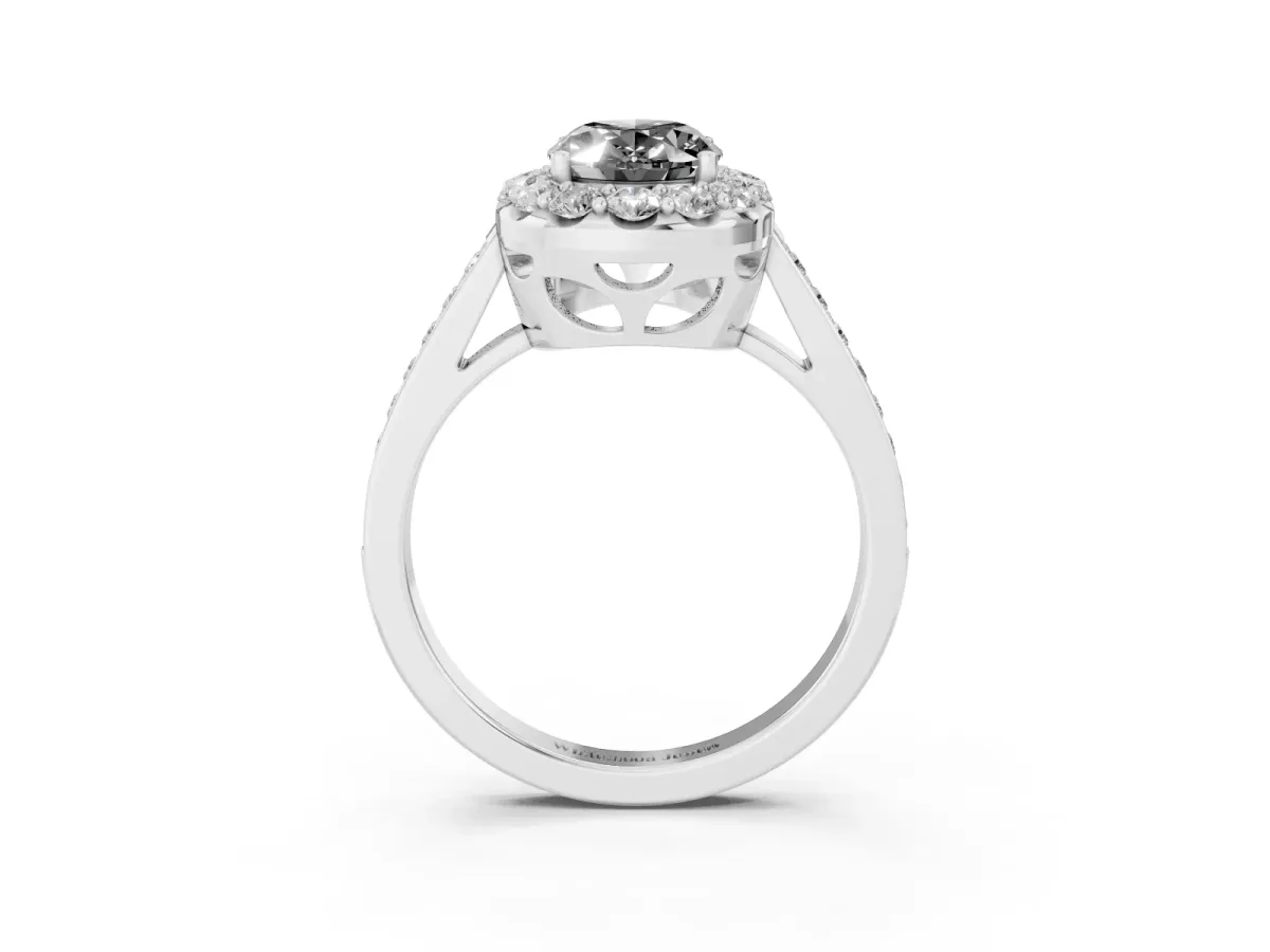 Fancy Black Oval Cut Diamond Floral Halo Ring with Pavé Band and Prong Setting White gold