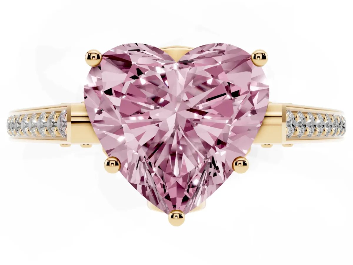 Fancy Pink Heart Cut Cut Cathedral Pave Diamond Engagement Ring with Six-Prong Setting Yellow gold