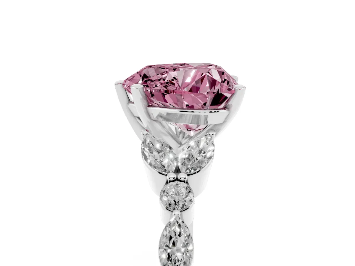 Fancy Pink Heart Cut Diamond Solitaire Ring with Side Stones and Four-Prong Setting Silver