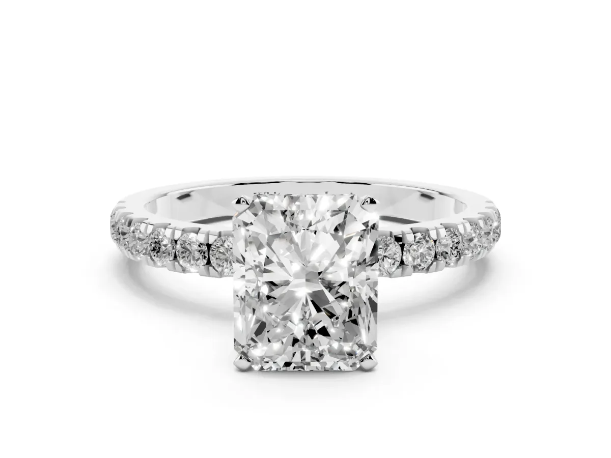 Radiant Cut Diamond Solitaire Ring with Pavé Accents and Four-Prong Setting Platinum