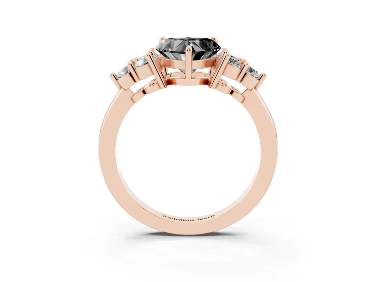 Fancy Black Heart Cut Brilliant Diamond Cluster Accent Solitaire Ring with Prong Setting Rose gold