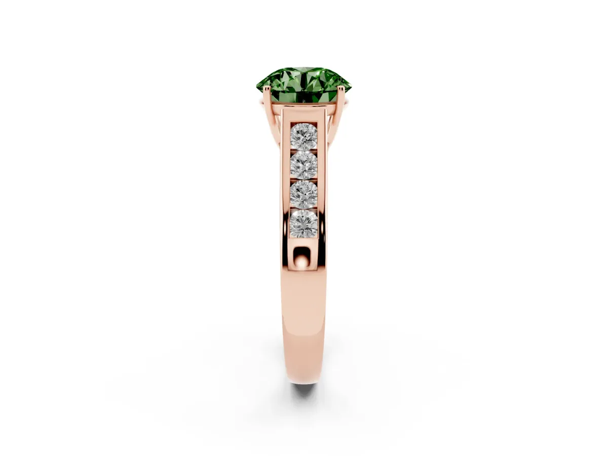 Fancy Green Round Cut Brilliant Channel-Set Solitaire Ring with Four-Prong Setting Rose gold