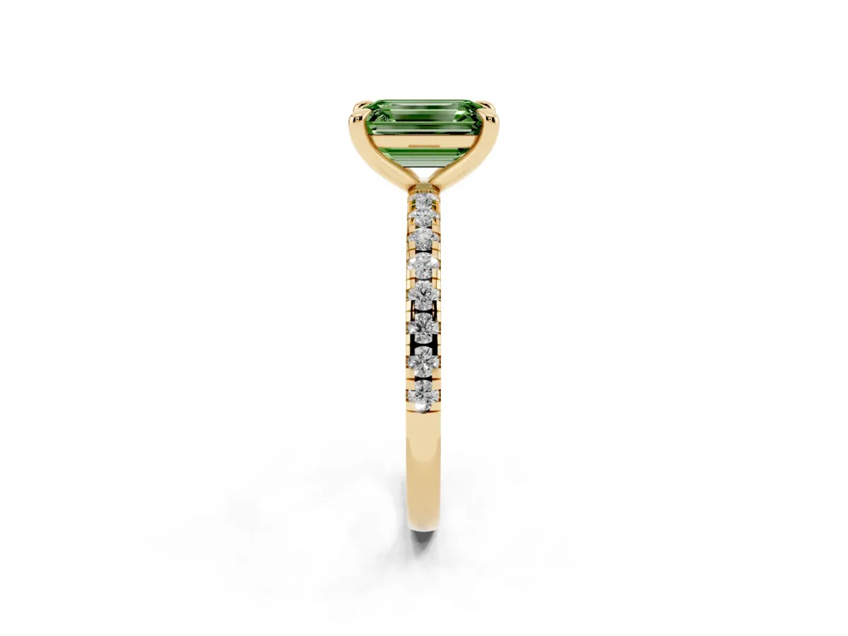 Fancy Green Emerald Cut Diamond Brilliant Solitaire Ring with Pavé Band and Four-Prong Setting Yellow gold