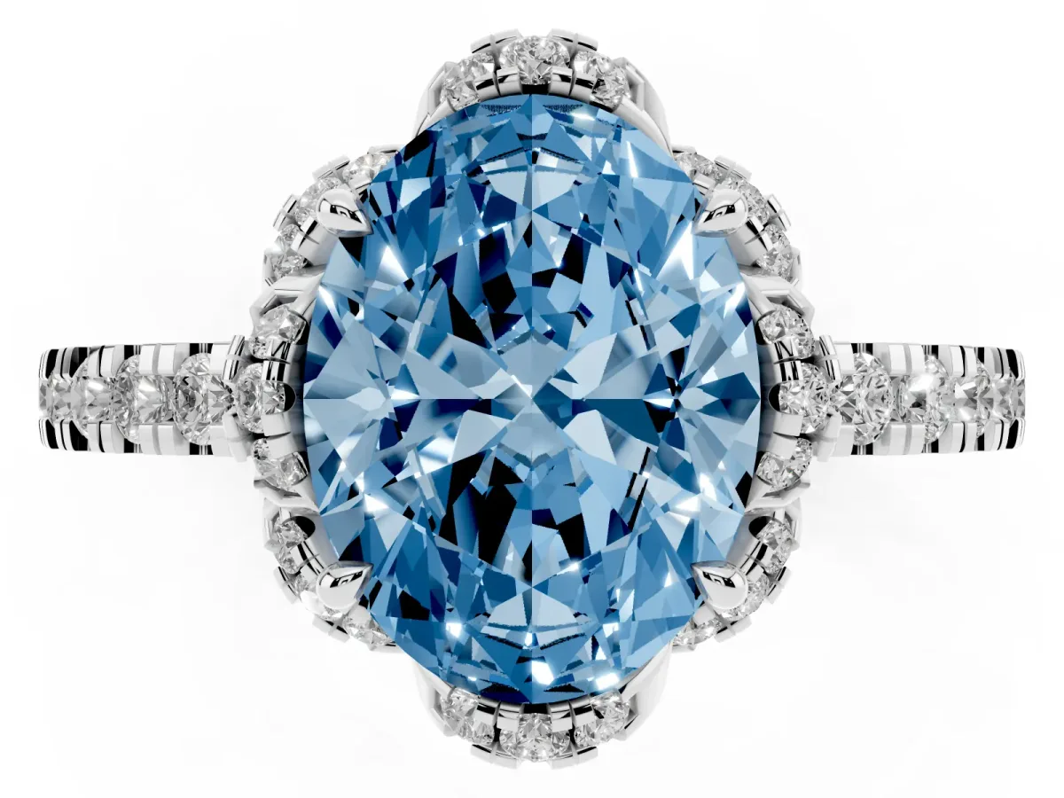 Fancy Blue Oval Cut Halo Diamond Pave Band Ring with Four-Prong Setting Platinum