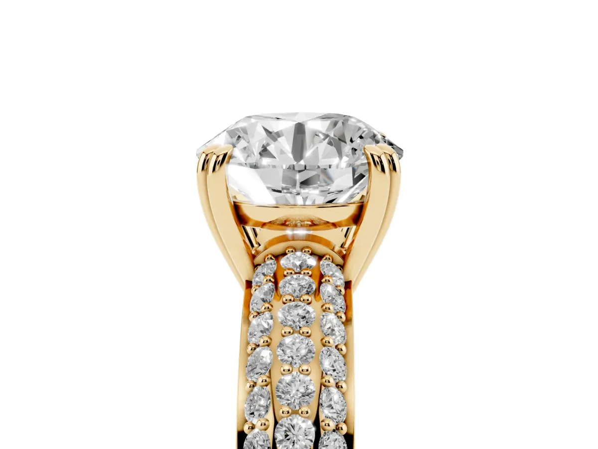 Round Cut Diamond Solitaire Ring with Multi-Row Round Pavé Band and Prong Setting Yellow gold