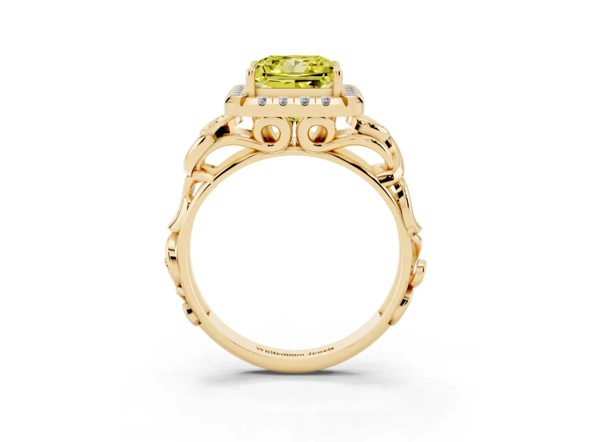 Fancy Yellow Princess Cut Cut Halo Diamond Ring with Scrollwork Band and Four-Prong Setting Yellow gold