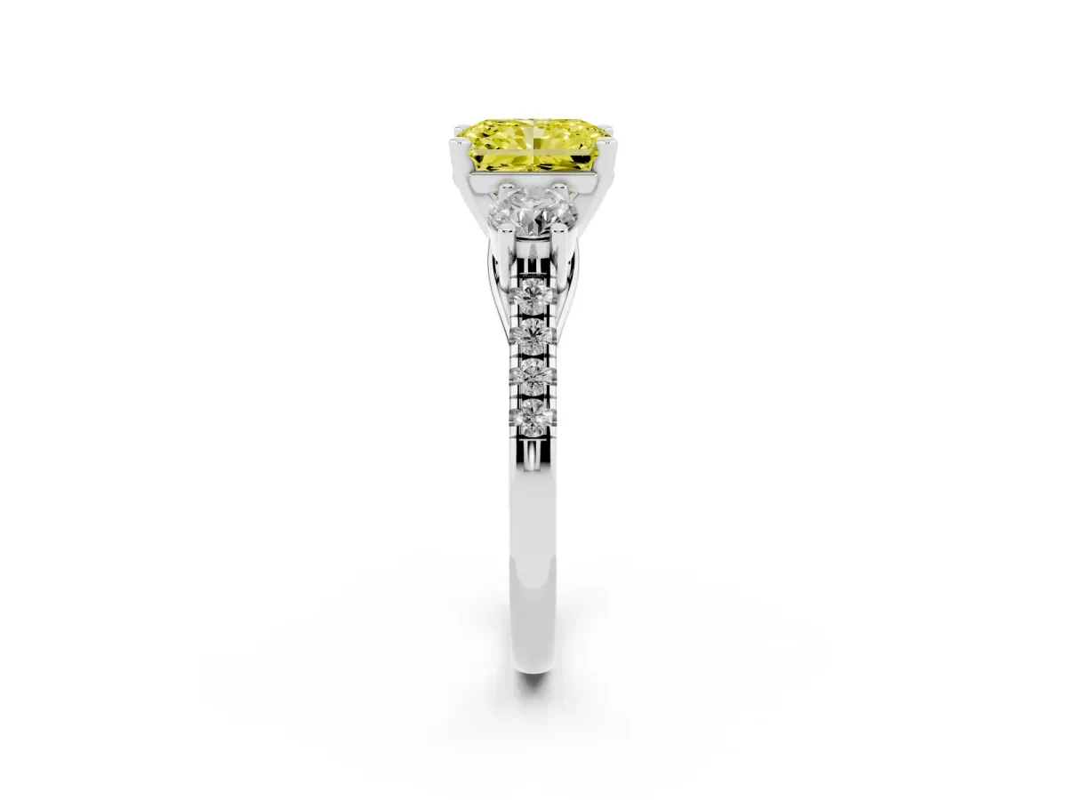 Fancy Yellow Three-Stone Radiant Cut Diamond Pavé Band with Four-Prong Setting Silver