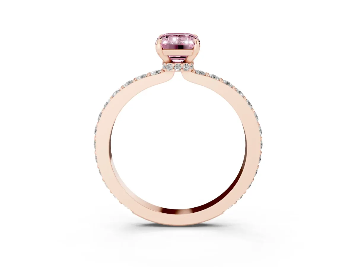 Fancy Pink Emerald Cut Diamond Solitaire Engagement Ring with Pavé Band and Four-Prong Setting Rose gold