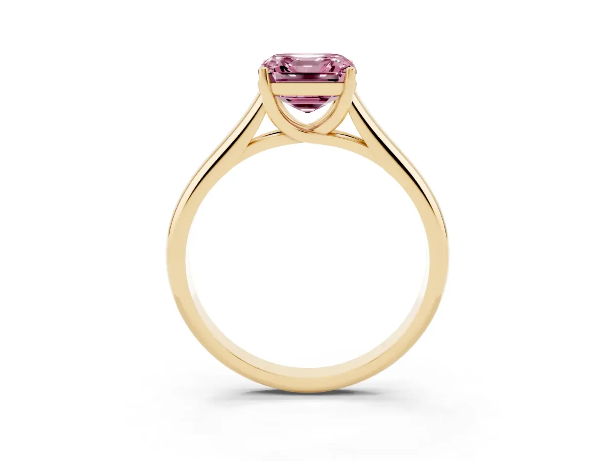 Fancy Pink Asscher Cut Solitaire Engagement Ring with Tapered Band and Four-Prong Setting Yellow gold