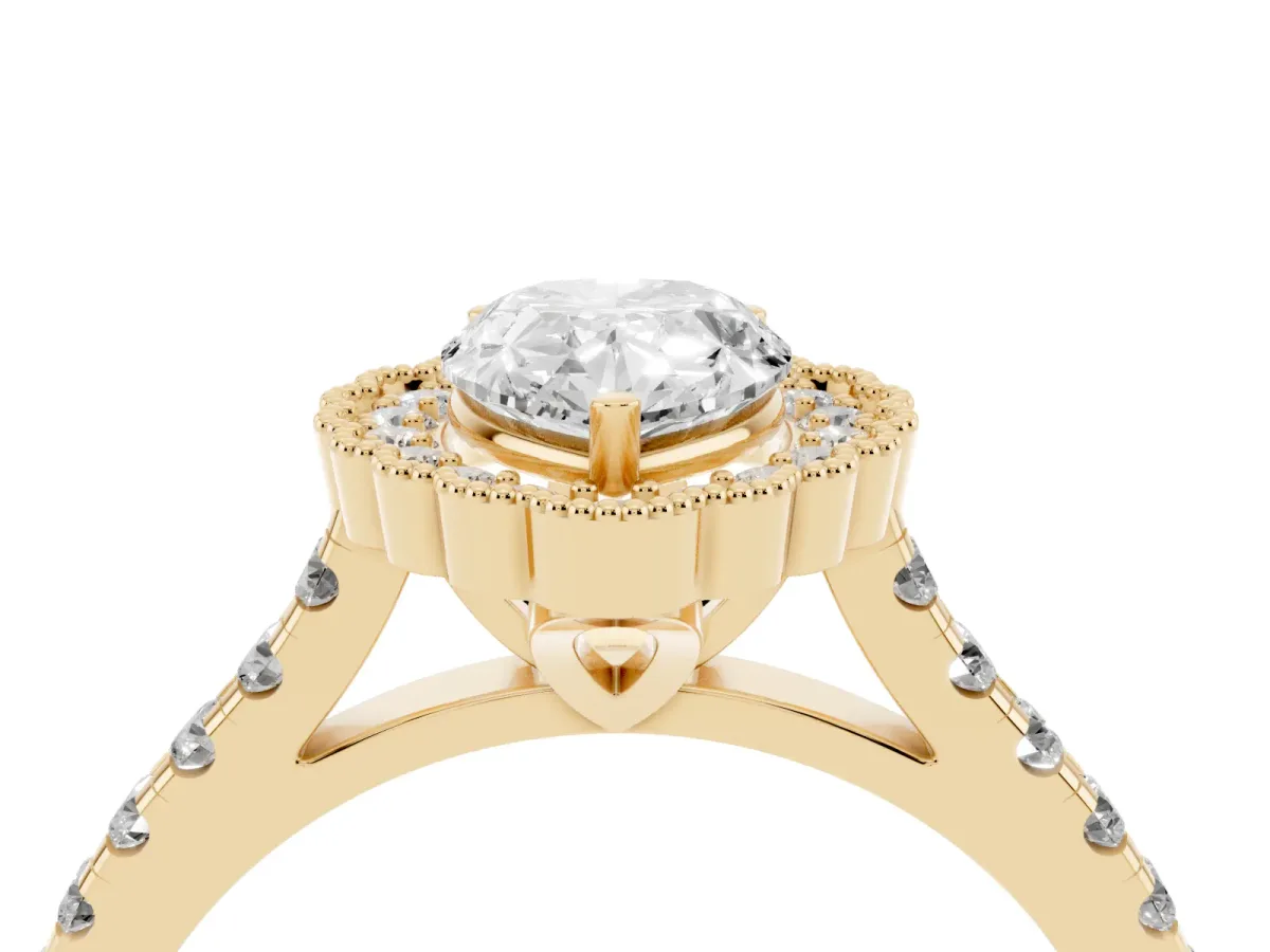 Pear Cut Cut Diamond Milgrain Floral Halo Engagement Ring with Pavé Band Yellow gold