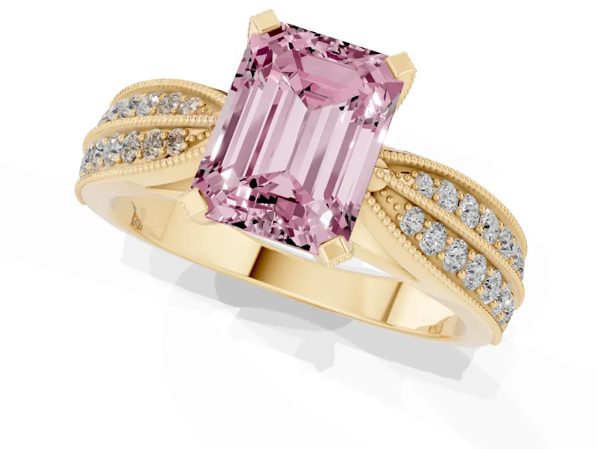 Fancy Pink Emerald Cut Diamond Solitaire Ring with Milgrain Round Pavé Band and Prong Setting Yellow gold