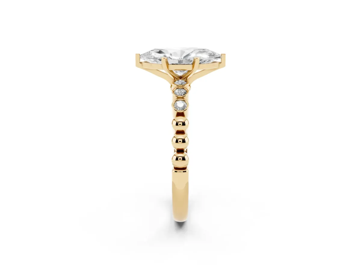 Marquise Cut Solitaire Bezel Accent Diamond Engagement Ring with Beaded Band and Four-Prong Setting Yellow gold