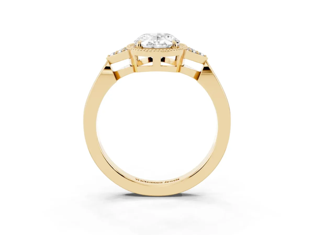 Oval Cut Diamond Halo Ring with Tapered Band and Four-Prong Setting Yellow gold