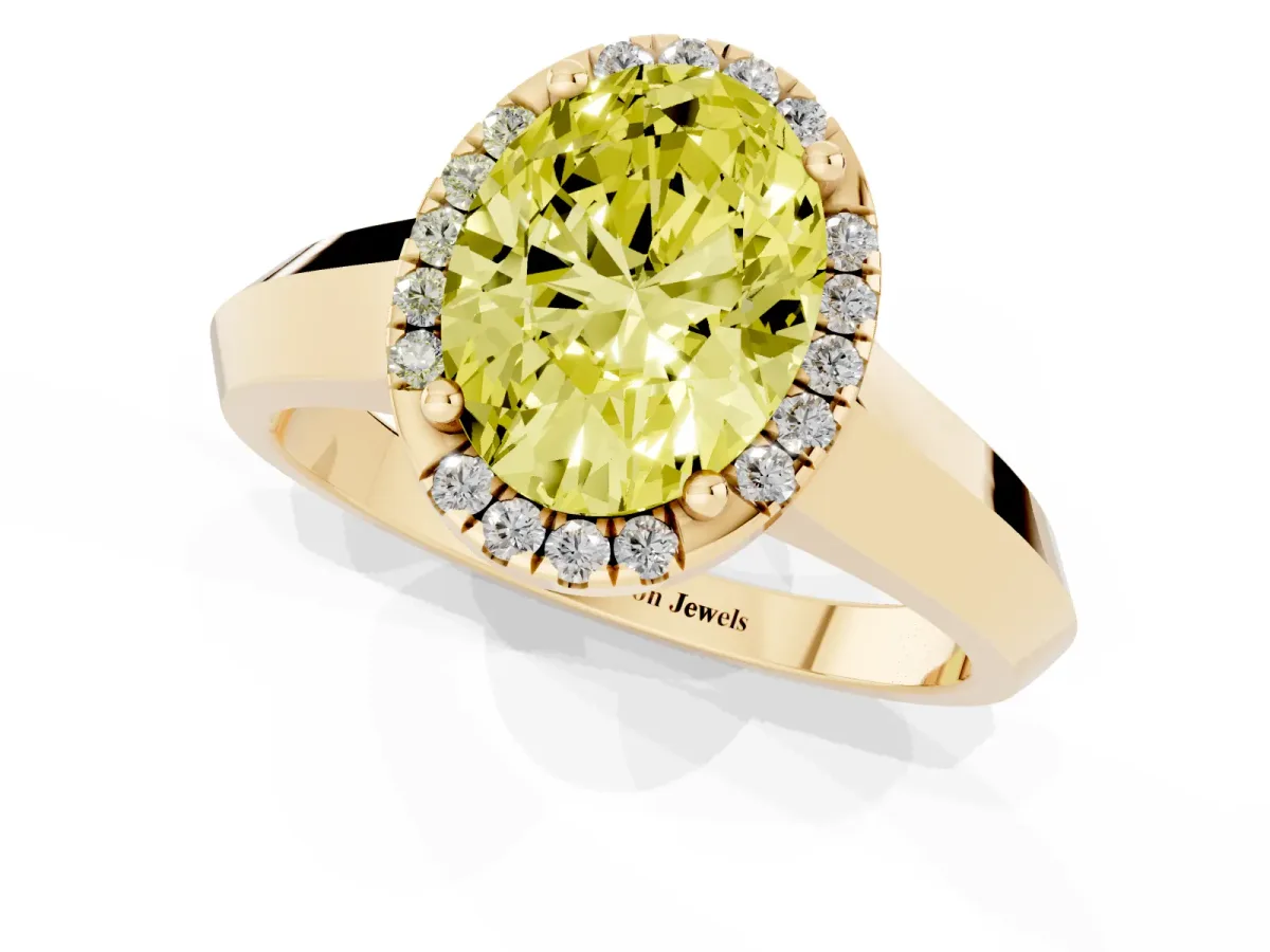 Fancy Yellow Oval Cut Halo Diamond Ring with Cathedral Band and Four-Prong Setting Yellow gold